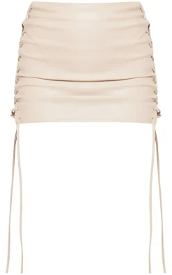Hot PrettyLittleThing Premium Faux Leather Lace Front Micro Mini Skirt Cream
