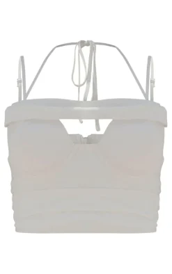 Outlet PrettyLittleThing Premium Textured Cup Detail Ruched Crop Top Cream