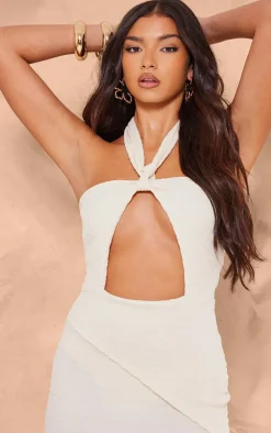Premium Textured Halterneck Cut Out Bodycon Dress-PrettyLittleThing Online
