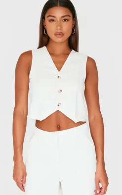 Outlet PrettyLittleThing Premium Textured Tailored Seam Detail Vest Cream