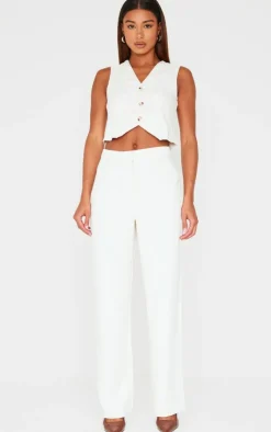 Hot PrettyLittleThing Premium Textured Tailored Seam Straight Leg Pants Cream