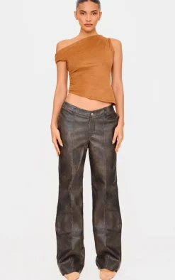 New PrettyLittleThing Premium Washed Faux Leather Dip Waist Flared Pants Dark Brown
