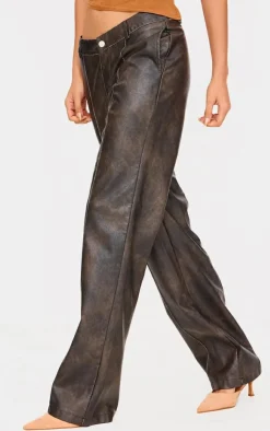 New PrettyLittleThing Premium Washed Faux Leather Dip Waist Flared Pants Dark Brown
