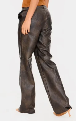 New PrettyLittleThing Premium Washed Faux Leather Dip Waist Flared Pants Dark Brown