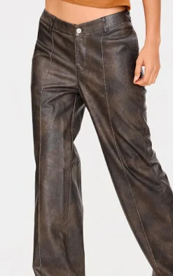 New PrettyLittleThing Premium Washed Faux Leather Dip Waist Flared Pants Dark Brown