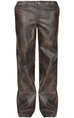New PrettyLittleThing Premium Washed Faux Leather Dip Waist Flared Pants Dark Brown