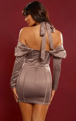 Premium Constructed Satin Draped Bardot Bodycon Dress-PrettyLittleThing Online