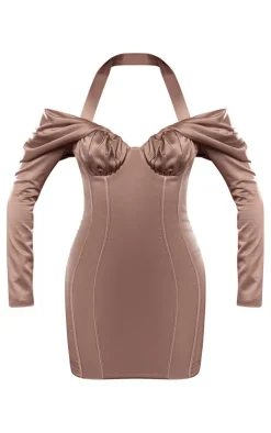 Premium Constructed Satin Draped Bardot Bodycon Dress-PrettyLittleThing Online