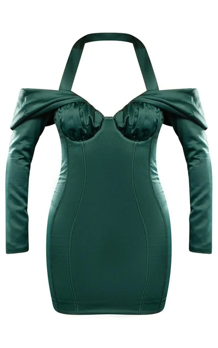Premium Constructed Satin Draped Bardot Bodycon Dress-PrettyLittleThing Discount
