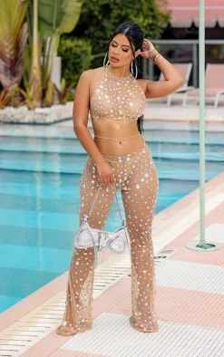 Online PrettyLittleThing Premium Jewel Mesh Low Rise Pants Nude