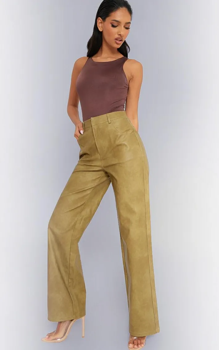 Premium Olive Washed Faux Leather Straight Leg Pants