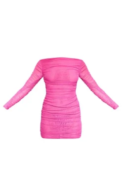 Premium Double Layer Mesh Ruched Long Sleeve Bodycon Dress-PrettyLittleThing Discount