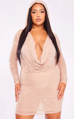 Premium Plus Embellished Mesh Sheer Hooded Cowl Bodycon Dress-PrettyLittleThing Discount
