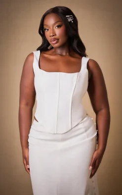 New PrettyLittleThing Premium Plus Woven Square Neck Button Detail Boned Corset Top White