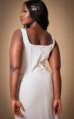 New PrettyLittleThing Premium Plus Woven Square Neck Button Detail Boned Corset Top White