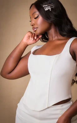 New PrettyLittleThing Premium Plus Woven Square Neck Button Detail Boned Corset Top White