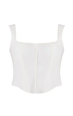 New PrettyLittleThing Premium Plus Woven Square Neck Button Detail Boned Corset Top White