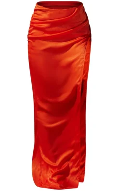 Outlet PrettyLittleThing Premium Extreme Split Satin Maxi Skirt Red