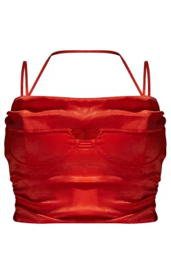 Online PrettyLittleThing Premium Satin Cup Detail Ruched Crop Top Red