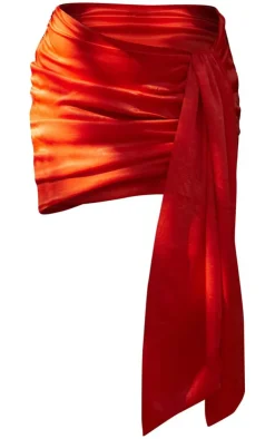 Clearance PrettyLittleThing Premium Satin Ruched Draped Mini Skirt Red
