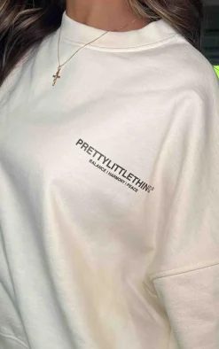 PrettyLittleThing Cream Sweatsuits*Premium Printed Oversized Boxy Sweatshirt