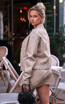 Outlet PrettyLittleThing Premium Washed Faux Leather Oversized Seam Detail Jacket Stone