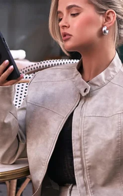 Outlet PrettyLittleThing Premium Washed Faux Leather Oversized Seam Detail Jacket Stone