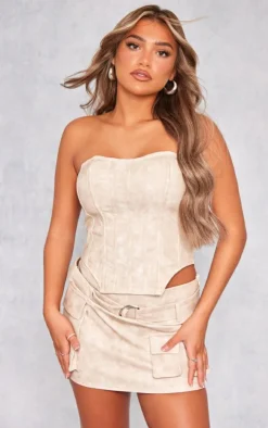 Sale PrettyLittleThing Premium Washed Faux Leather Cargo Bandeau Corset Stone