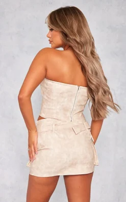 Sale PrettyLittleThing Premium Washed Faux Leather Cargo Bandeau Corset Stone