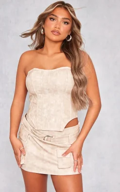 Online PrettyLittleThing Premium Washed Faux Leather Cargo Micro Mini Skirt Stone