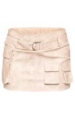 Online PrettyLittleThing Premium Washed Faux Leather Cargo Micro Mini Skirt Stone