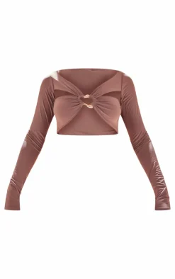 Best PrettyLittleThing Premium Double Layer Slinky Ring Detail Crop Top Taupe