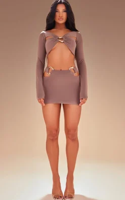 New PrettyLittleThing Premium Double Layer Slinky Ring Detail Mini Skirt Taupe