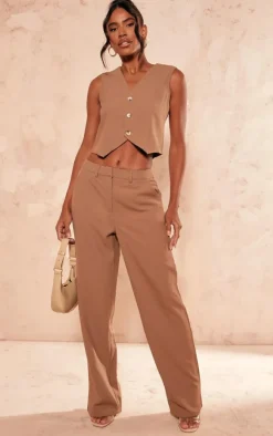 Outlet PrettyLittleThing Premium Textured Tailored Seam Straight Leg Pants Taupe