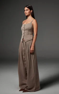 Clearance PrettyLittleThing Premium Woven Pleated Waistband Extreme Wide Leg Pants Taupe