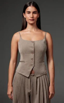 Clearance PrettyLittleThing Premium Woven Pleated Waistband Extreme Wide Leg Pants Taupe