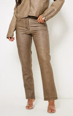 New PrettyLittleThing Premium Washed Light Brown Faux Leather Low Rise Straight Leg Pants Washed Brown