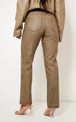 New PrettyLittleThing Premium Washed Light Brown Faux Leather Low Rise Straight Leg Pants Washed Brown