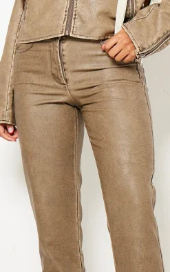 New PrettyLittleThing Premium Washed Light Brown Faux Leather Low Rise Straight Leg Pants Washed Brown