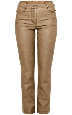 New PrettyLittleThing Premium Washed Light Brown Faux Leather Low Rise Straight Leg Pants Washed Brown