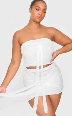 Sale PrettyLittleThing Premium Double Layer Mesh Ruched Knot Detail Bandeau Crop Top White