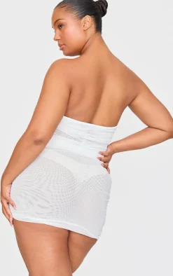 Sale PrettyLittleThing Premium Double Layer Mesh Ruched Knot Detail Bandeau Crop Top White