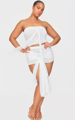 Sale PrettyLittleThing Premium Double Layer Mesh Ruched Knot Detail Bandeau Crop Top White