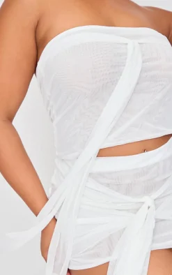Sale PrettyLittleThing Premium Double Layer Mesh Ruched Knot Detail Bandeau Crop Top White