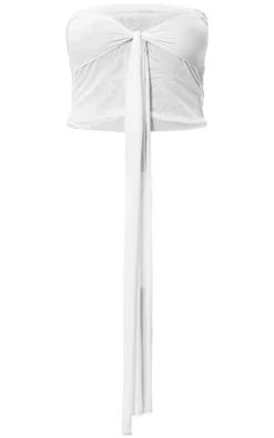 Sale PrettyLittleThing Premium Double Layer Mesh Ruched Knot Detail Bandeau Crop Top White
