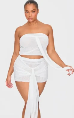 Clearance PrettyLittleThing Premium Double Layer Mesh Ruched Knot Detail Mini Skirt White