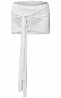 Clearance PrettyLittleThing Premium Double Layer Mesh Ruched Knot Detail Mini Skirt White