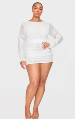 Premium Double Layer Mesh Ruched Long Sleeve Bodycon Dress-PrettyLittleThing