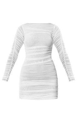 Premium Double Layer Mesh Ruched Long Sleeve Bodycon Dress-PrettyLittleThing