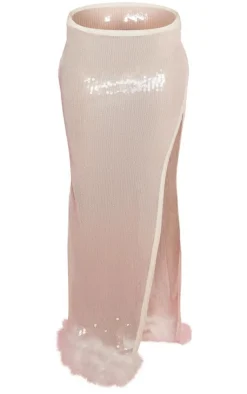 Outlet PrettyLittleThing Premium Sequin Faux Fur Trim Extreme Slit Maxi Skirt White